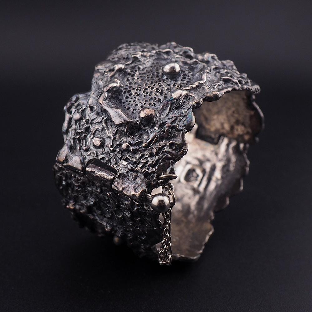 Vintage Guy Vidal Brutalist Pewter Wide Bracelet - Wild Organic Textured Modernist Statement Wrist Piece, Midcentury Canadian Jewelry
