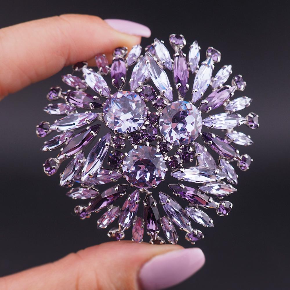 Vintage Sherman Signed Faux Alexandrite Rhinestone Brooch, Rhodium Plated, Layered Fan Design, Headlight Stones, Big Size