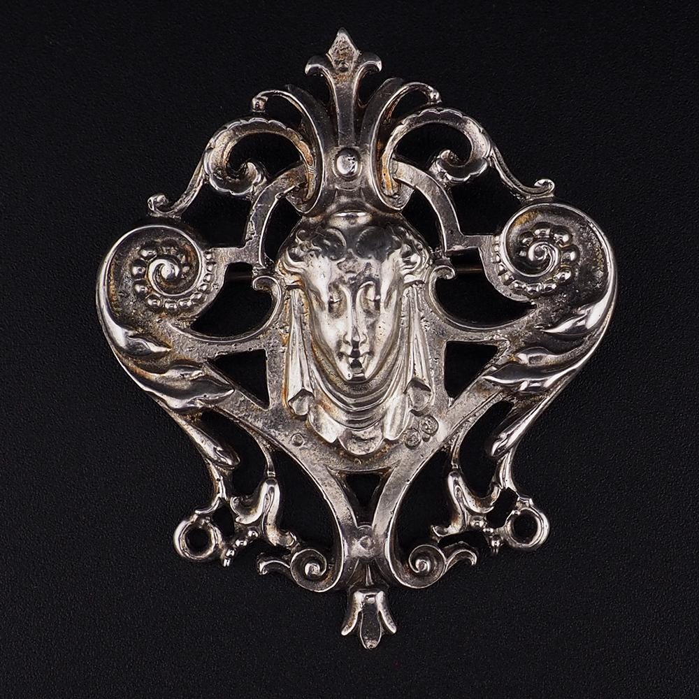 Vintage Kenart Sterling Silver Lady Face Brooch, English Art Nouveau Revival Female Portrait Pin, 925 Openwork Brooch