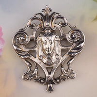 Vintage Kenart Sterling Silver Lady Face Brooch, English Art Nouveau Revival Female Portrait Pin, 925 Openwork Brooch