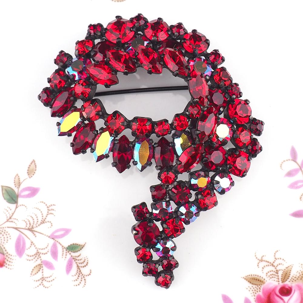 Sherman Siam Red Rhinestone Brooch, 1960s Brooch, Vintage Signed Black Japanned Pin, Crystal Cascading Wreath Brooch, Canadian Designer