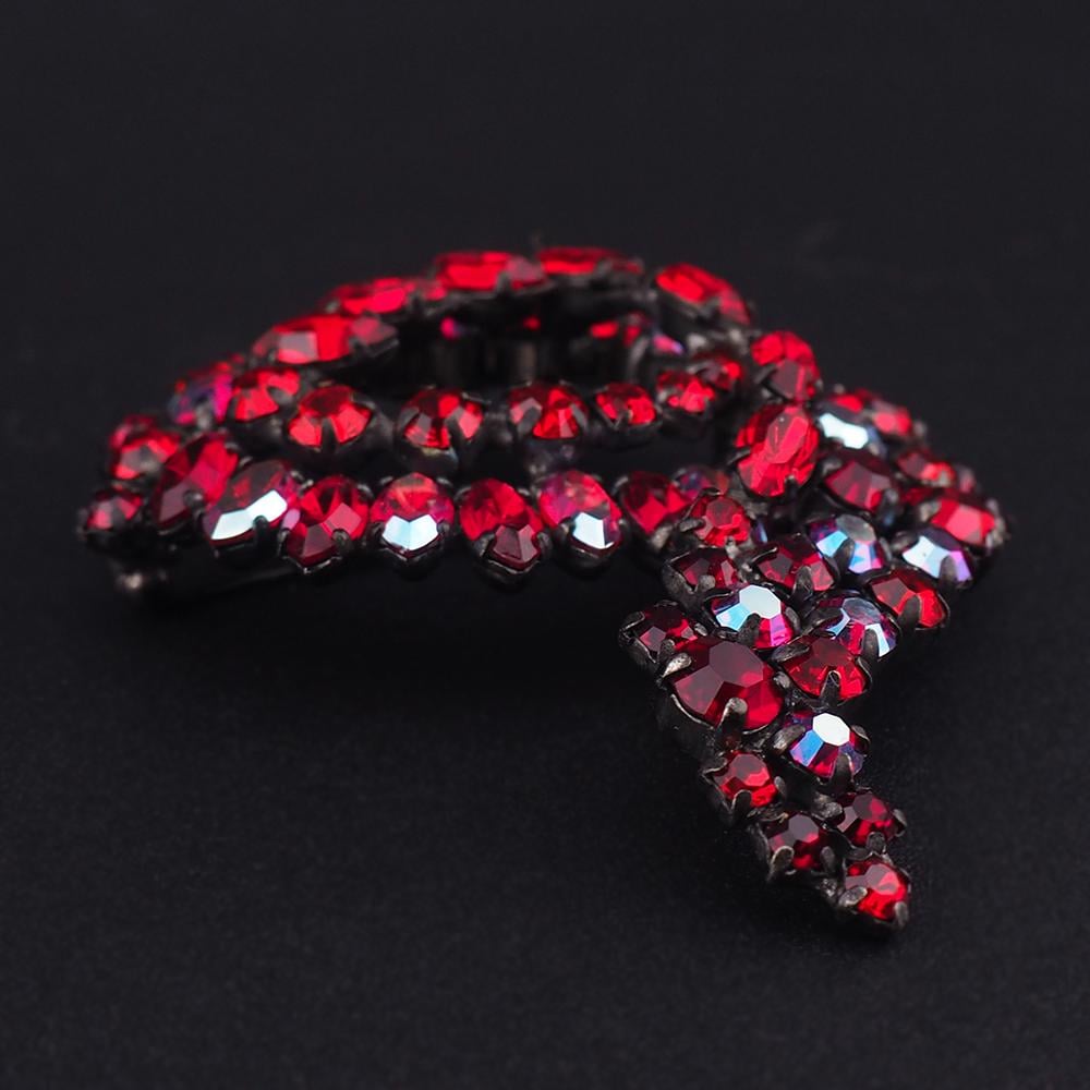 Sherman Siam Red Rhinestone Brooch, 1960s Brooch, Vintage Signed Black Japanned Pin, Crystal Cascading Wreath Brooch, Canadian Designer
