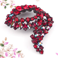 Sherman Siam Red Rhinestone Brooch, 1960s Brooch, Vintage Signed Black Japanned Pin, Crystal Cascading Wreath Brooch, Canadian Designer