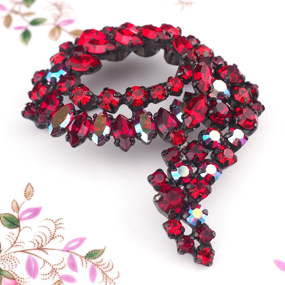 Sherman Siam Red Rhinestone Brooch, 1960s Brooch, Vintage Signed Black Japanned Pin, Crystal Cascading Wreath Brooch, Canadian Designer