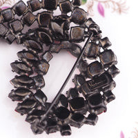 Sherman Siam Red Rhinestone Brooch, 1960s Brooch, Vintage Signed Black Japanned Pin, Crystal Cascading Wreath Brooch, Canadian Designer