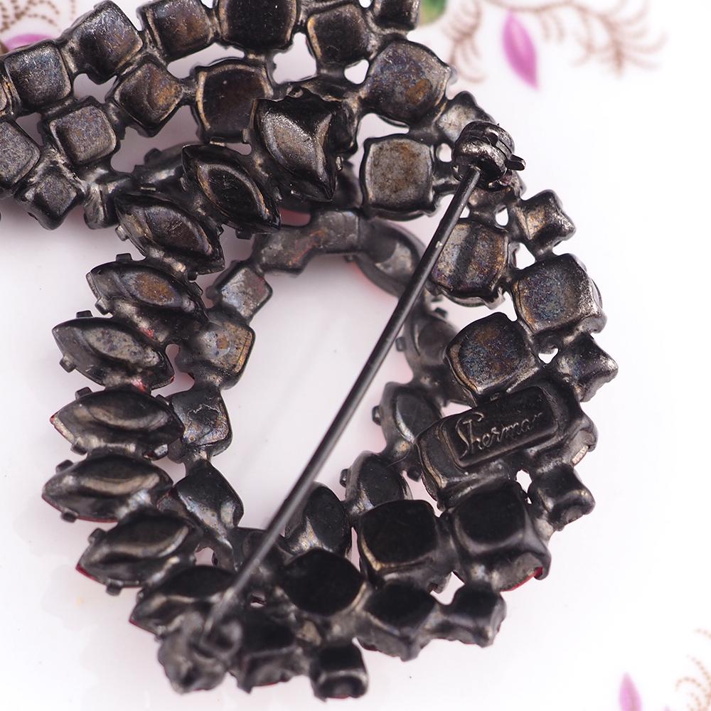 Sherman Siam Red Rhinestone Brooch, 1960s Brooch, Vintage Signed Black Japanned Pin, Crystal Cascading Wreath Brooch, Canadian Designer