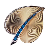 Vintage Boucher Gold Tone Leaf Brooch, Blue Baguette Rhinestone Pin, Signed Mid Century Modern Designer Jewelry, 1960s Boucher Brooch
