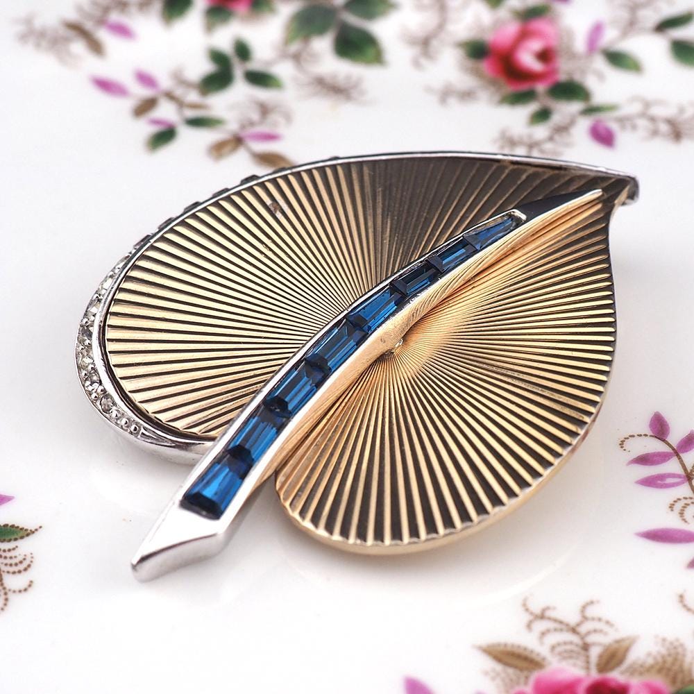 Vintage Boucher Gold Tone Leaf Brooch, Blue Baguette Rhinestone Pin, Signed Mid Century Modern Designer Jewelry, 1960s Boucher Brooch