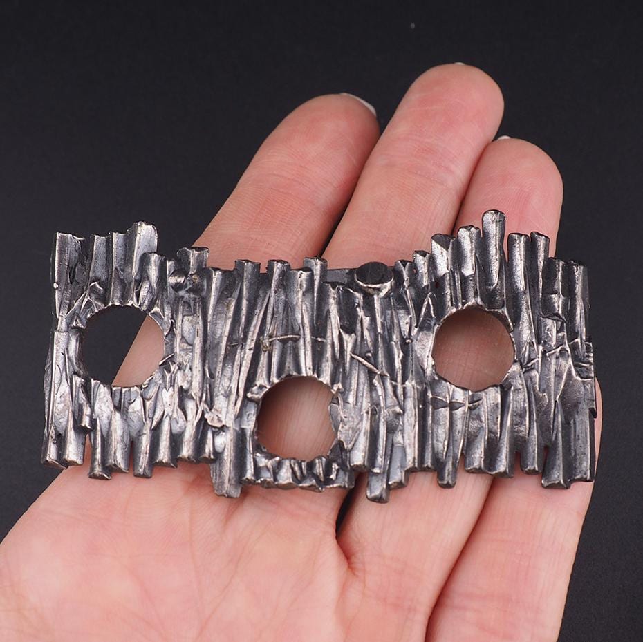 Vintage Brutalist Brooch, Modernist Pewter Brooch, Abstract Geometric Pin, Bark Texture Jewelry, Mid Century Statement Brooch, Open Work Pin