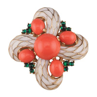 Vintage Trifari L'Orient Jewels Brooch, White Enamel Pin, Faux Coral and Emerald Cabochons, Signed Designer Jewelry, Eastern-Inspired Design