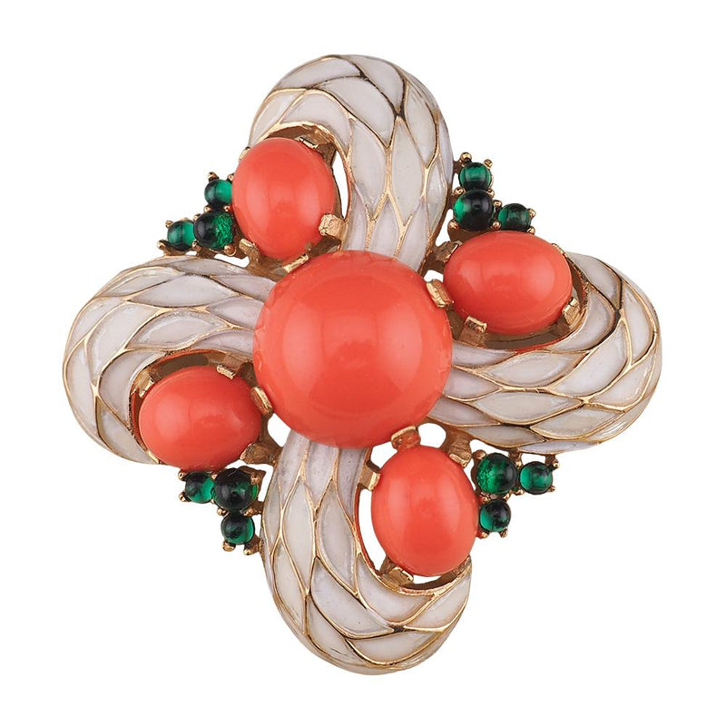 Vintage Trifari L'Orient Jewels Brooch, White Enamel Pin, Faux Coral and Emerald Cabochons, Signed Designer Jewelry, Eastern-Inspired Design