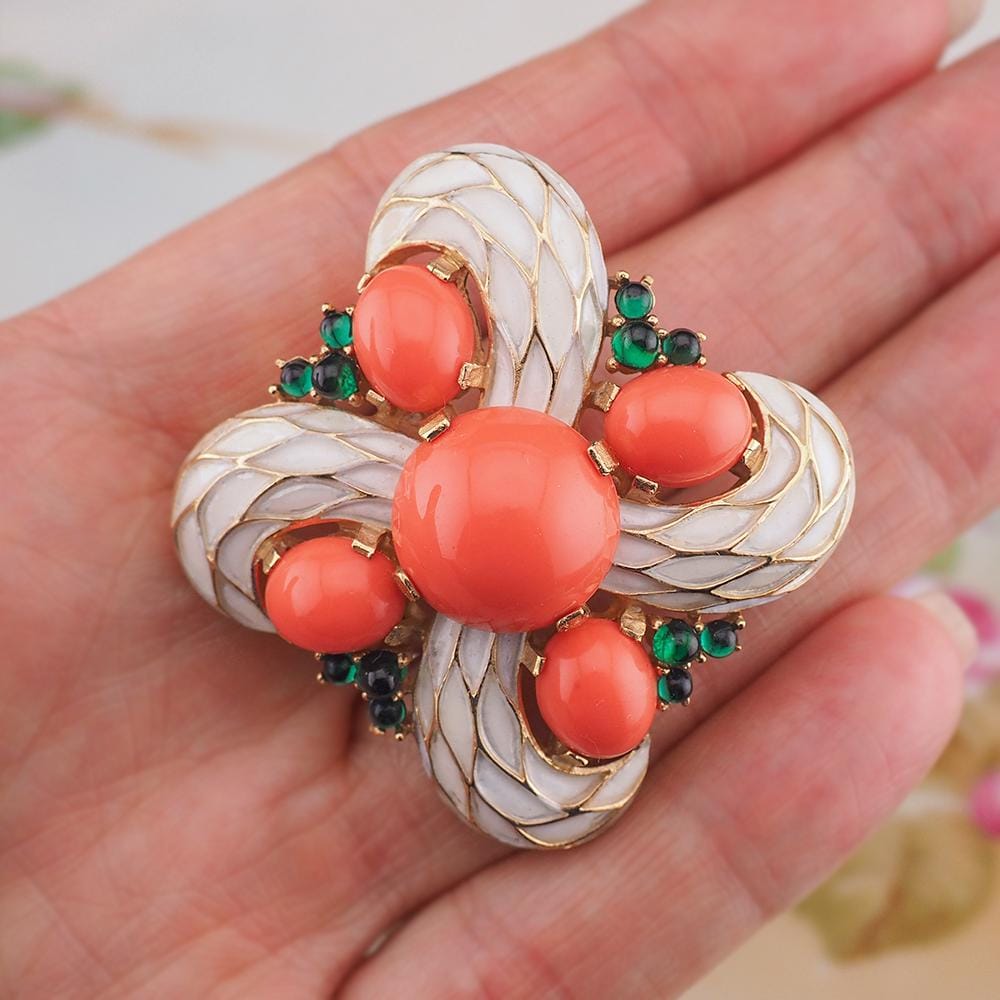 Vintage Trifari L'Orient Jewels Brooch, White Enamel Pin, Faux Coral and Emerald Cabochons, Signed Designer Jewelry, Eastern-Inspired Design