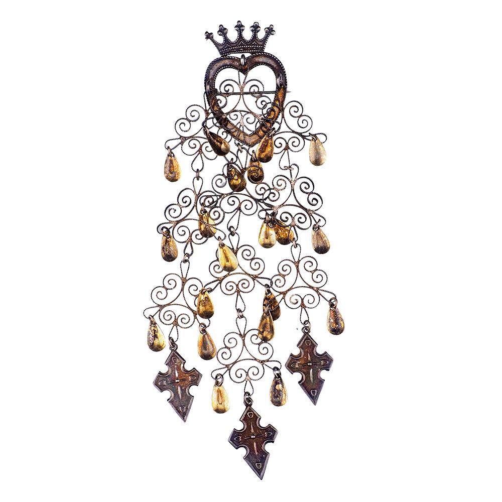 Vintage Norwegian Sølje Brooch, 5.5" Vermeil Filigree Bunad Brooch, Crowned Heart, Cross Dangles, Traditional Bridal Jewelry