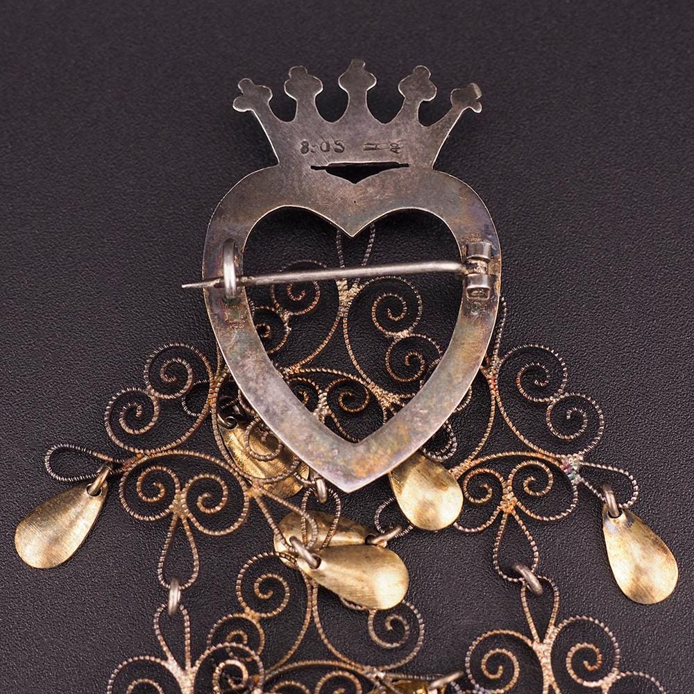 Vintage Norwegian Sølje Brooch, 5.5" Vermeil Filigree Bunad Brooch, Crowned Heart, Cross Dangles, Traditional Bridal Jewelry