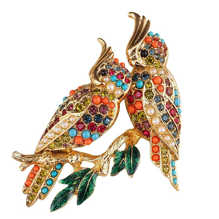 Vintage D'Orlan Buried Treasure Bird Brooch, Signed Colorful Rhinestone Birds on Branch Pin, Collectible Designer Jewelry, Gold Plated