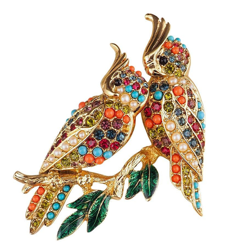 Vintage D'Orlan Buried Treasure Bird Brooch, Signed Colorful Rhinestone Birds on Branch Pin, Collectible Designer Jewelry, Gold Plated