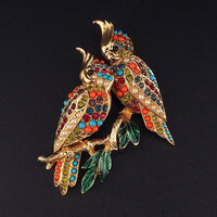 Vintage D'Orlan Buried Treasure Bird Brooch, Signed Colorful Rhinestone Birds on Branch Pin, Collectible Designer Jewelry, Gold Plated