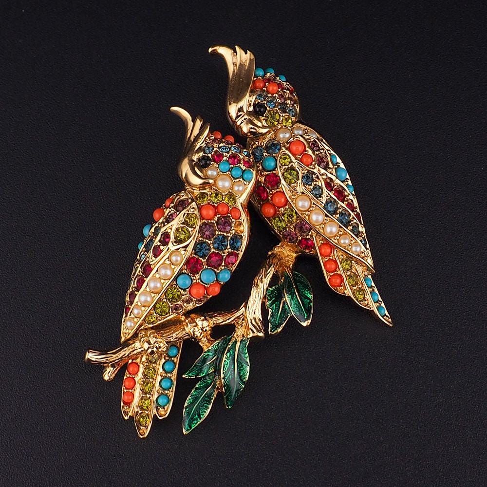 Vintage D'Orlan Buried Treasure Bird Brooch, Signed Colorful Rhinestone Birds on Branch Pin, Collectible Designer Jewelry, Gold Plated