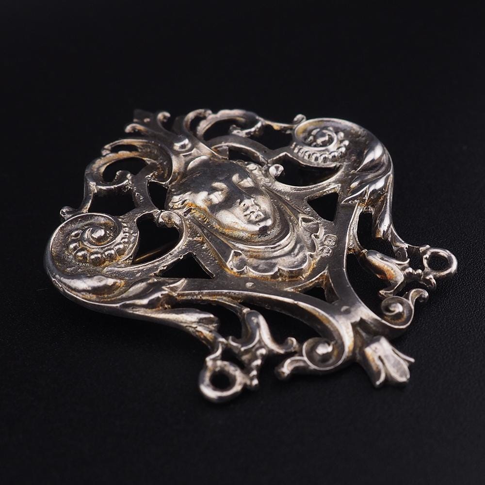 Vintage Kenart Sterling Silver Lady Face Brooch, English Art Nouveau Revival Female Portrait Pin, 925 Openwork Brooch