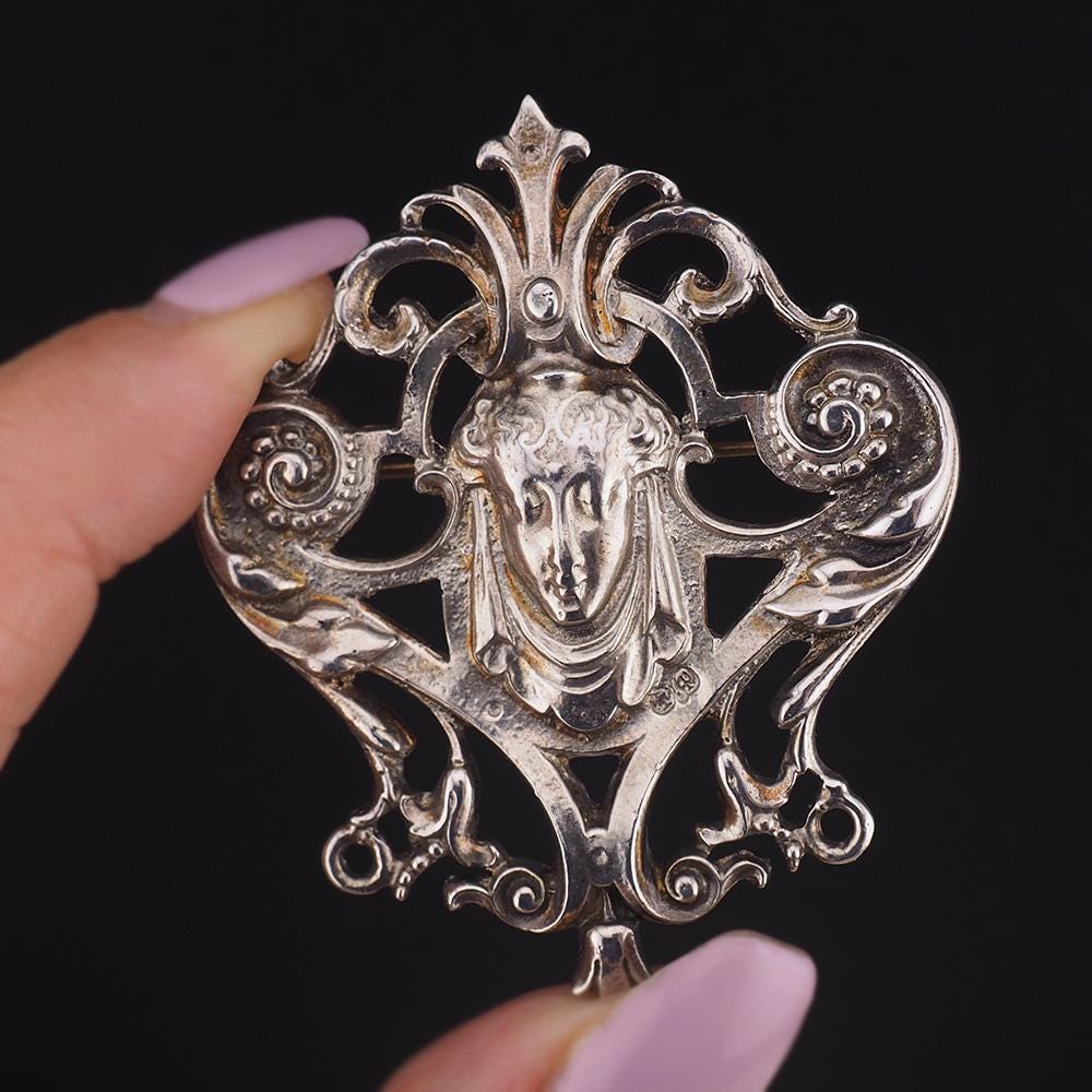 Vintage Kenart Sterling Silver Lady Face Brooch, English Art Nouveau Revival Female Portrait Pin, 925 Openwork Brooch