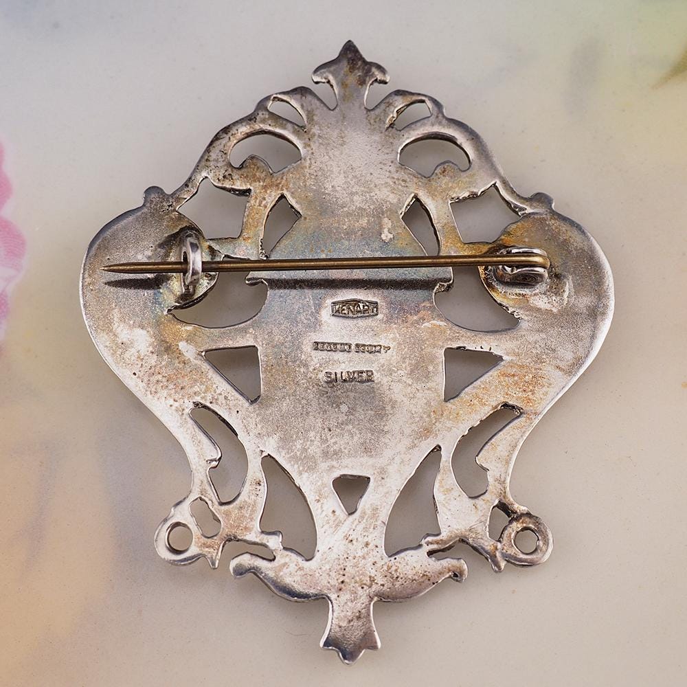 Vintage Kenart Sterling Silver Lady Face Brooch, English Art Nouveau Revival Female Portrait Pin, 925 Openwork Brooch