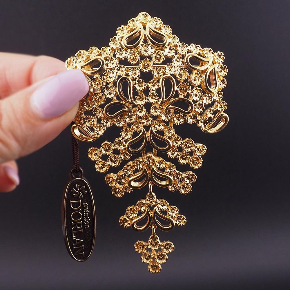 Vintage D'Orlan Gold Plated Articulated Brooch, New Old Stock with Original Tag, Large Statement Pin, Flower Brooch