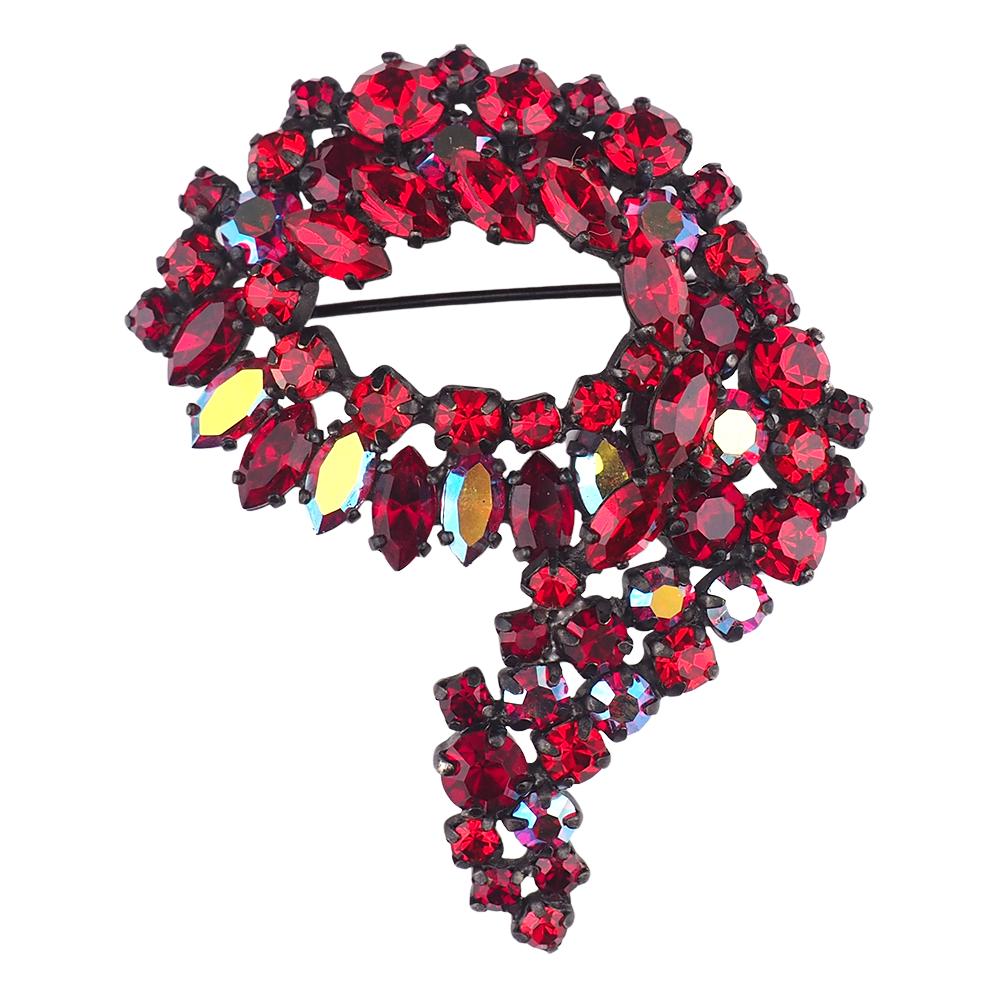 Sherman Siam Red Rhinestone Brooch, 1960s Brooch, Vintage Signed Black Japanned Pin, Crystal Cascading Wreath Brooch, Canadian Designer