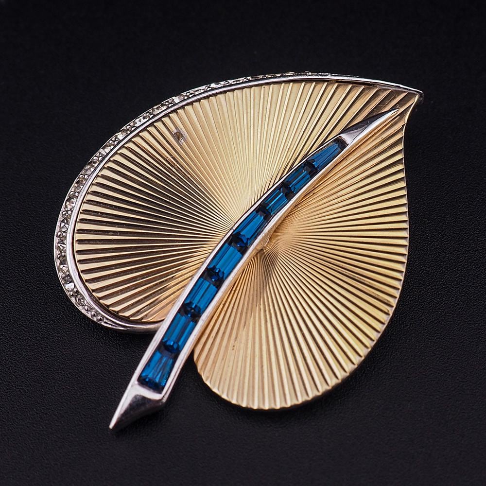 Vintage Boucher Gold Tone Leaf Brooch, Blue Baguette Rhinestone Pin, Signed Mid Century Modern Designer Jewelry, 1960s Boucher Brooch