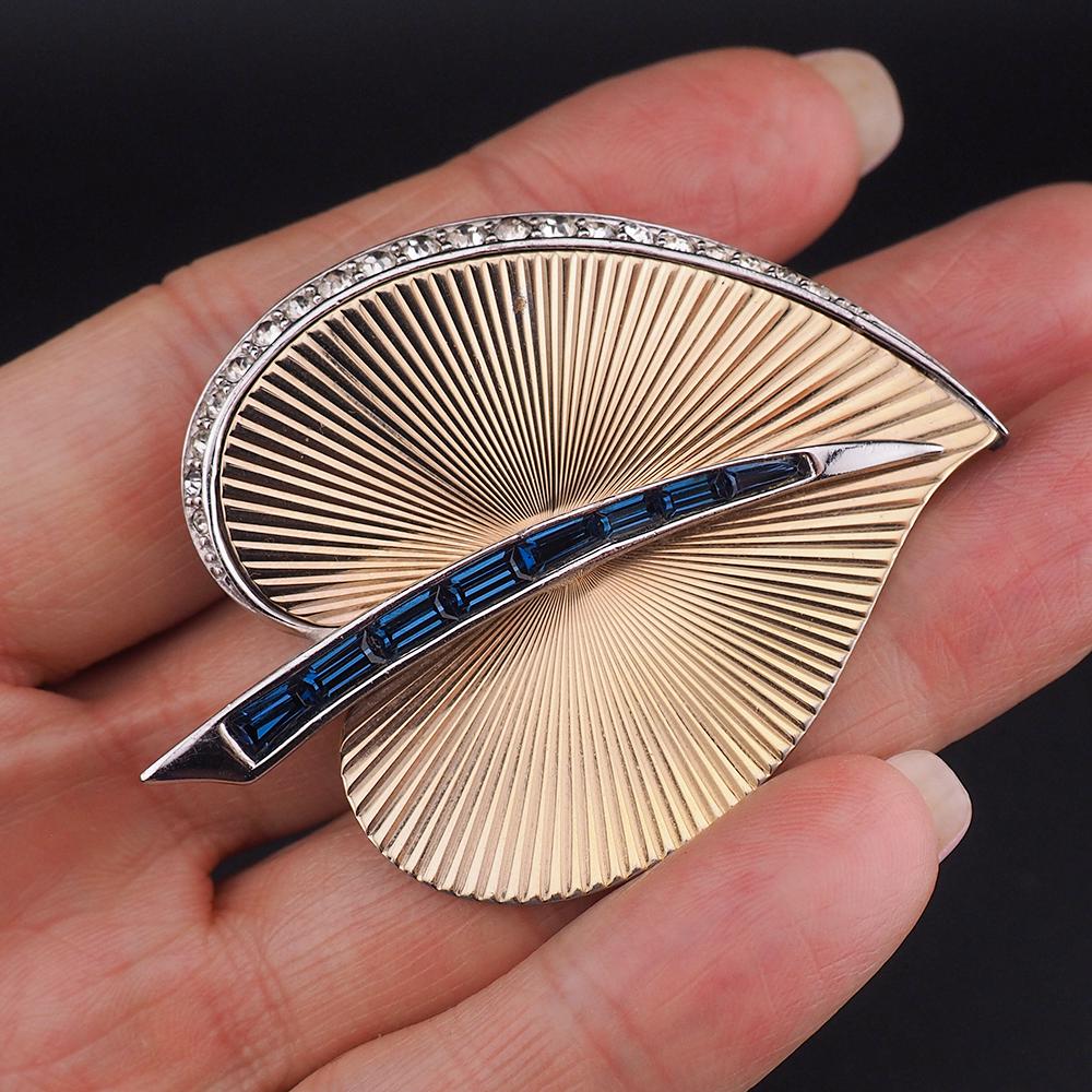 Vintage Boucher Gold Tone Leaf Brooch, Blue Baguette Rhinestone Pin, Signed Mid Century Modern Designer Jewelry, 1960s Boucher Brooch