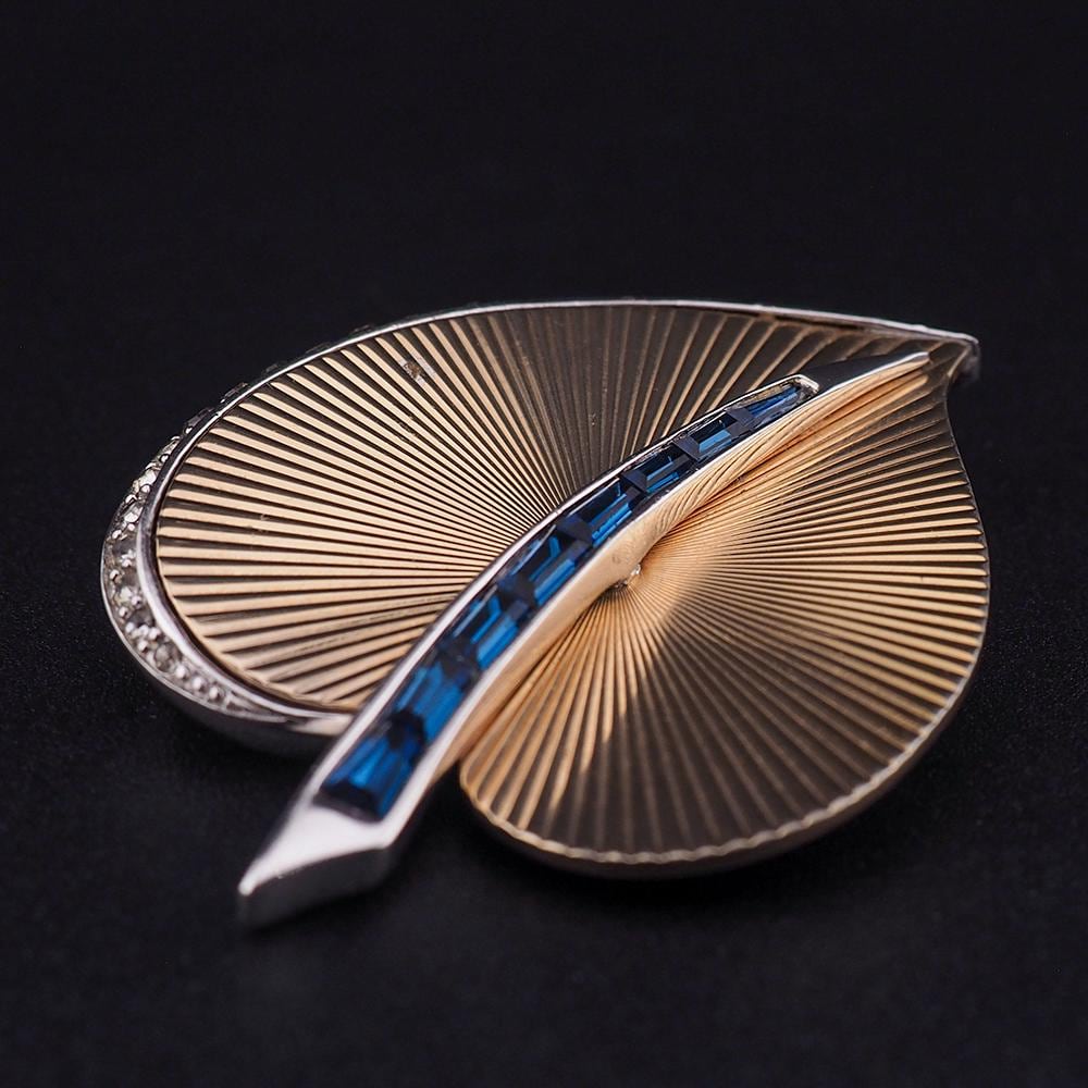 Vintage Boucher Gold Tone Leaf Brooch, Blue Baguette Rhinestone Pin, Signed Mid Century Modern Designer Jewelry, 1960s Boucher Brooch