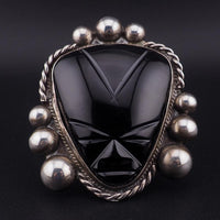 Vintage Mexican Silver and Black Onyx Mask Brooch, Signed Carved Face Pin with Ballwork