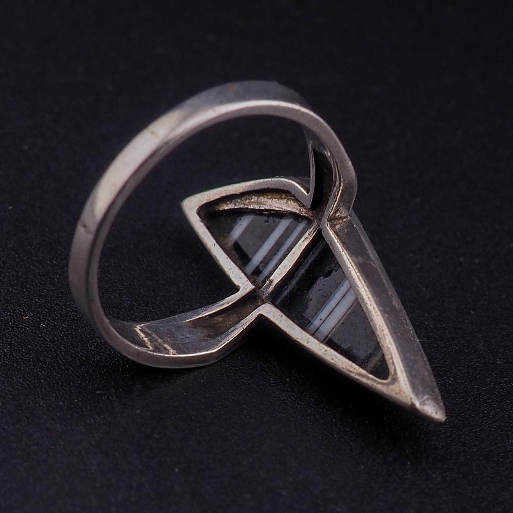 Vintage Sterling Silver Banded Agate Ring, Black and White Modernist Design
