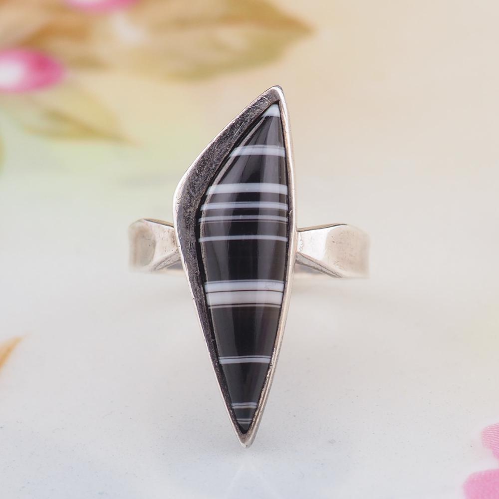 Vintage Sterling Silver Banded Agate Ring, Black and White Modernist Design