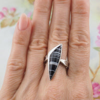Vintage Sterling Silver Banded Agate Ring, Black and White Modernist Design