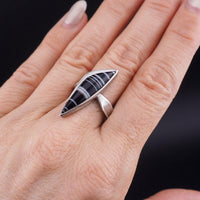 Vintage Sterling Silver Banded Agate Ring, Black and White Modernist Design