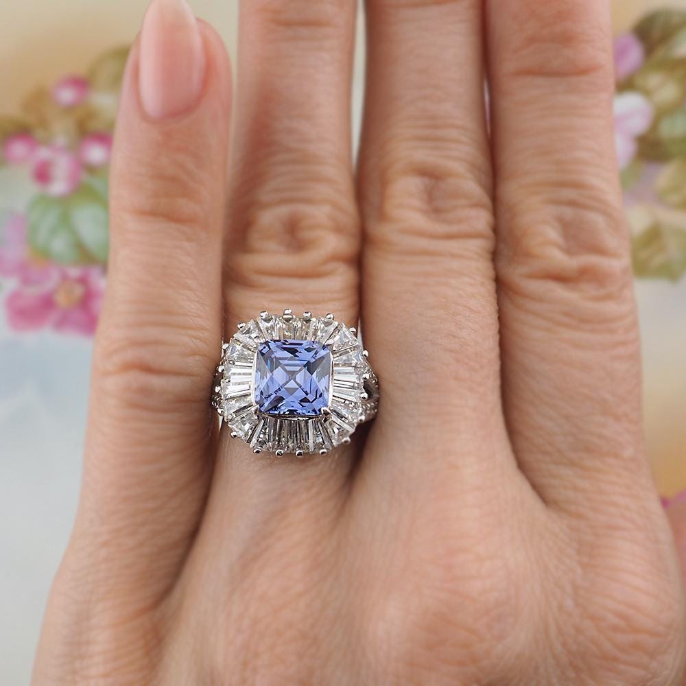 Tycoon for Diamonelle Blue CZ Sterling Silver Ballerina Cushion Cut Cocktail Ring with Baguette Halo