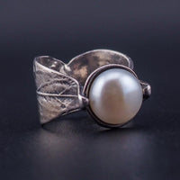 Silpada Sterling Silver Pearl Ring Wide Textured Leaf Band