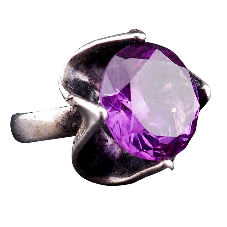 Vintage Mexican Sterling Silver Purple Sapphire Ring Sculptural Modernist Design