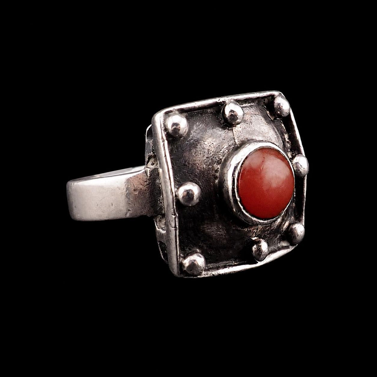 Vintage Modernist Sterling Silver Coral Square Industrial Style Ring
