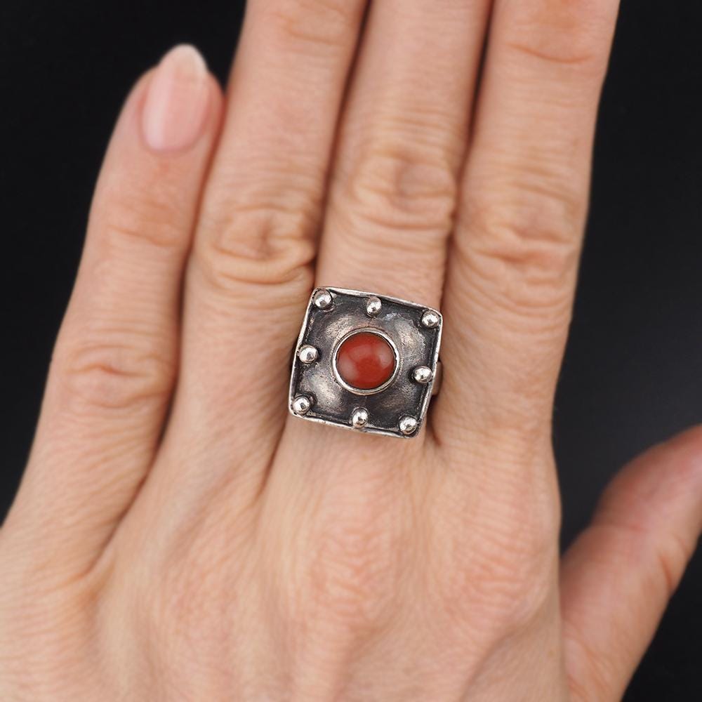 Vintage Modernist Sterling Silver Coral Square Industrial Style Ring