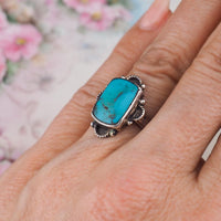 Handmade Sterling Silver Turquoise Ring, Rectangular Cabochon with Southwestern Silverwork - Size 5.5