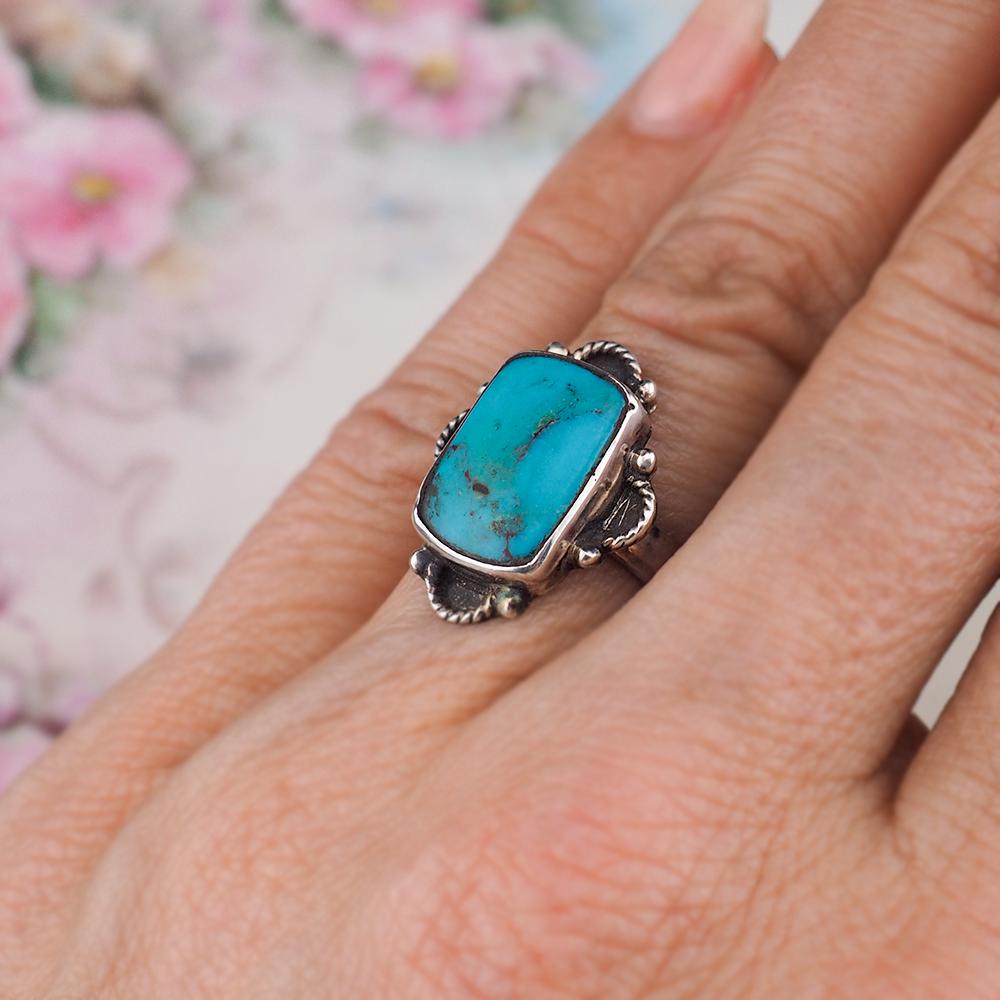 Handmade Sterling Silver Turquoise Ring, Rectangular Cabochon with Southwestern Silverwork - Size 5.5