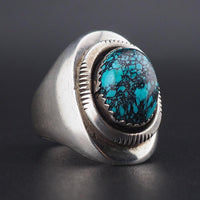Vintage High Grade Kingman Black Spiderweb Turquoise Ring 925 Sterling Silver, Artisan Southwestern Native American Signed AL Tiered Ring