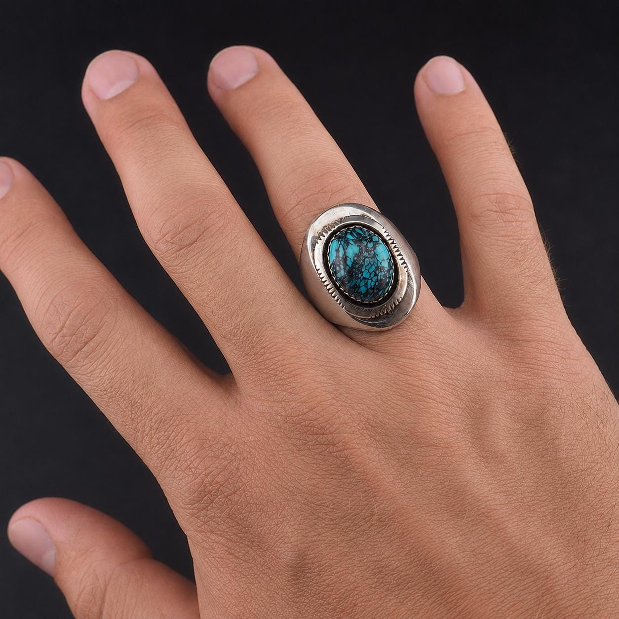 Vintage High Grade Kingman Black Spiderweb Turquoise Ring 925 Sterling Silver, Artisan Southwestern Native American Signed AL Tiered Ring