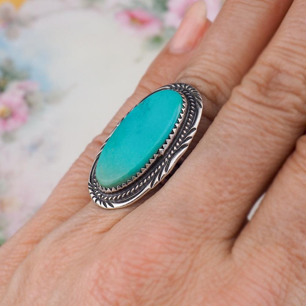 Vintage Southwestern Sterling Silver Large Blue Turquoise Ring, Size 6