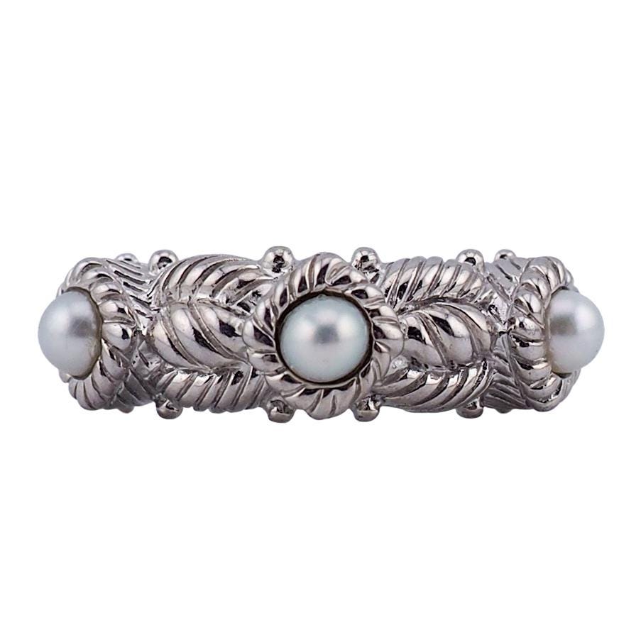 Vintage Style Judith Ripka Sterling Silver Pearl Ring, Rope Design Band - Size 5