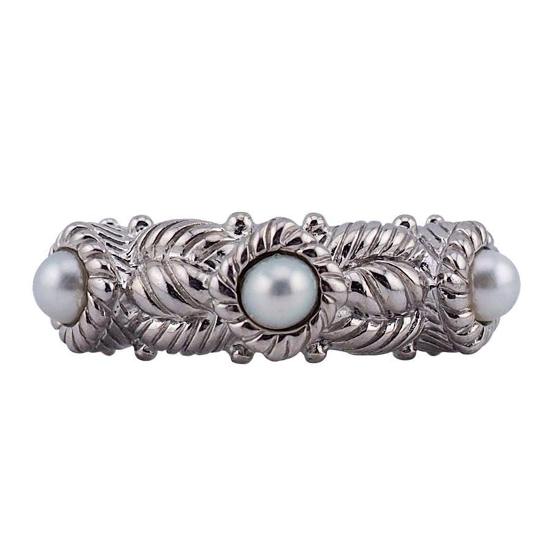 Vintage Style Judith Ripka Sterling Silver Pearl Ring, Rope Design Band - Size 5