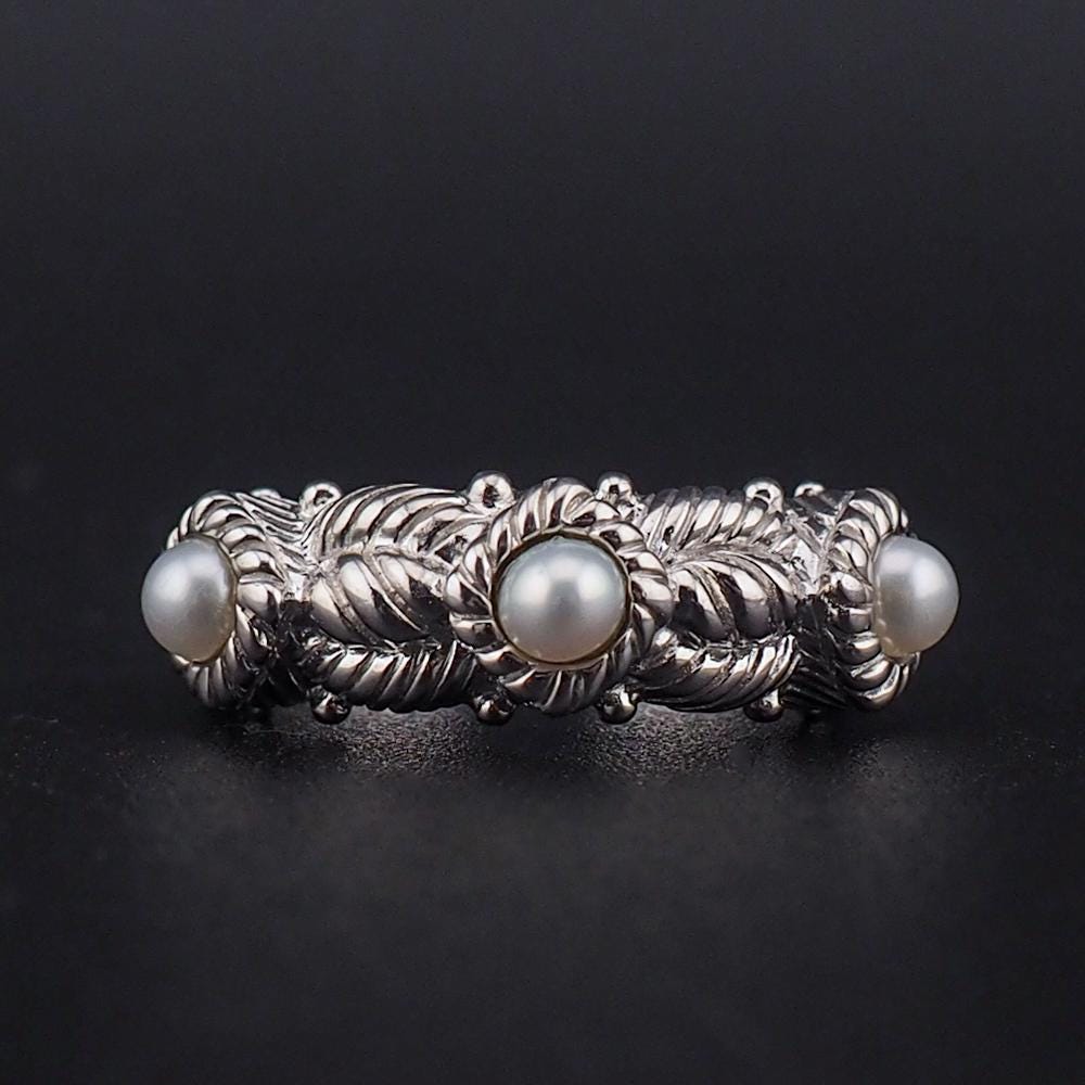Vintage Style Judith Ripka Sterling Silver Pearl Ring, Rope Design Band - Size 5