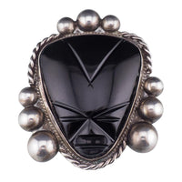 Vintage Mexican Silver and Black Onyx Mask Brooch, Signed Carved Face Pin with Ballwork
