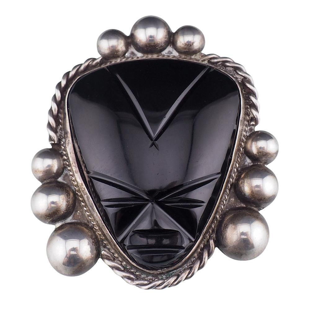Vintage Mexican Silver and Black Onyx Mask Brooch, Signed Carved Face Pin with Ballwork